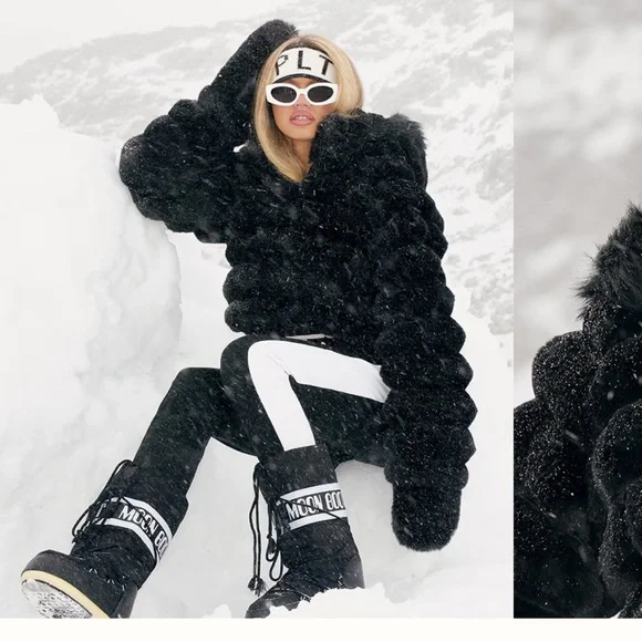 PrettyLittleThing Black Teddy Jacket Plush Oversized Style - Picture 4 of 5
